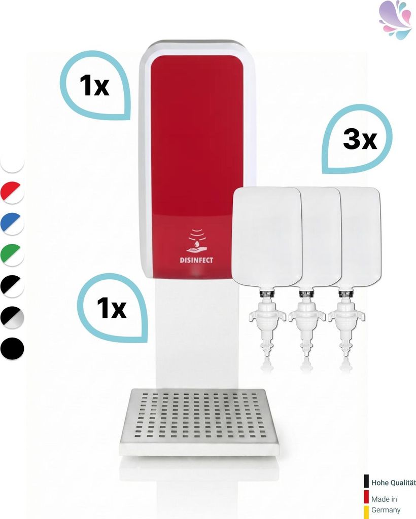 SET: Desinfektionsspender SENSOR Blanc Cosmos versch. Farben + Tischständer weiß +3x 1-Liter Hautdesinfektion : Farbe - Rot / Weiß Farbe: Rot / ...