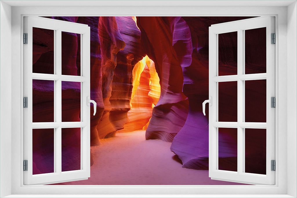 Wallario Wandbild aus Acryl, 60 x 90 cm, freischwebende Optik - Felsschlucht in Arizona USA - orange und violett mit Fenster-Illusion
