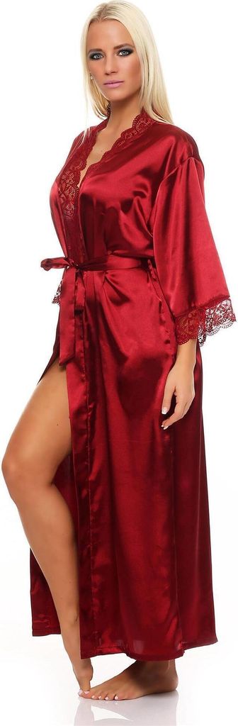 Damen langes Kimono Seidenrobe Morgenmantel; Dunkelrot L