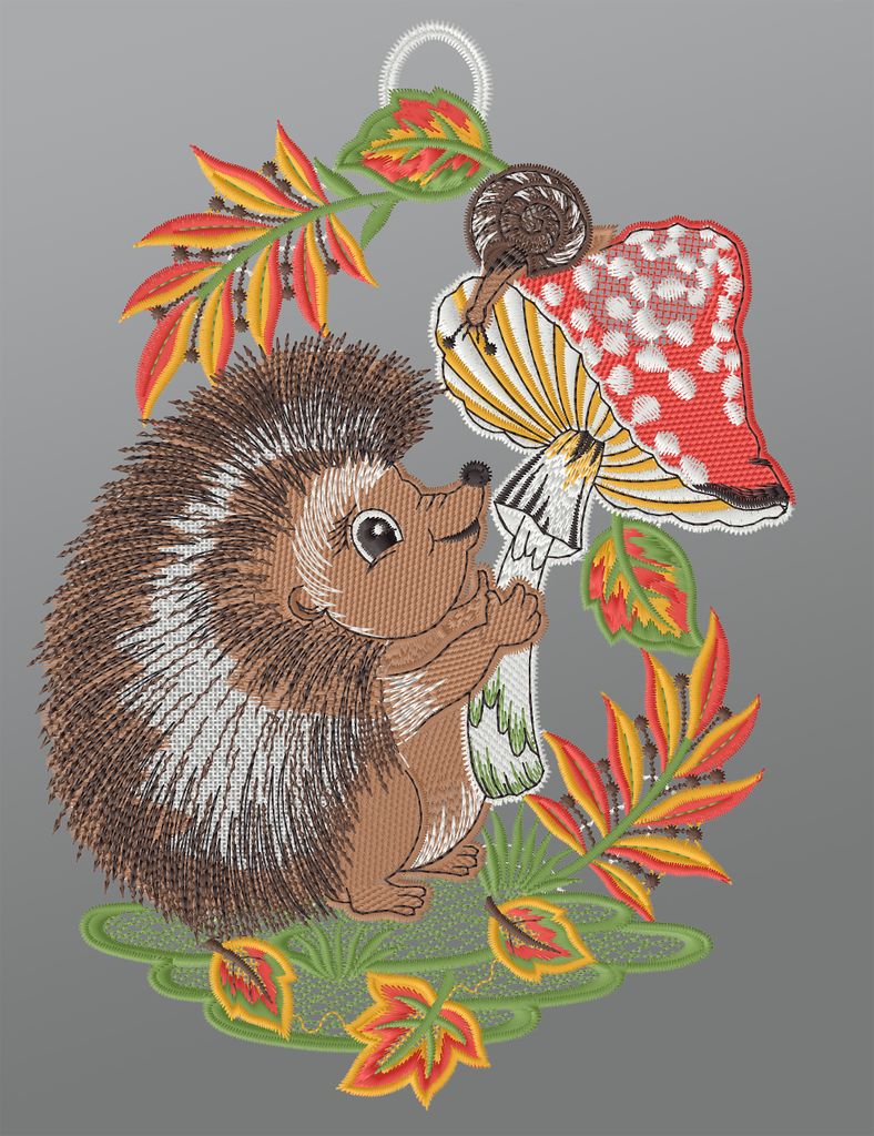 Fensterbild aus Plauener Spitze - Igel mit Fliegenpilz (BxH) 16cm x 28cm, mehrfarbig, Fensterdekoration und Fensterschmuck