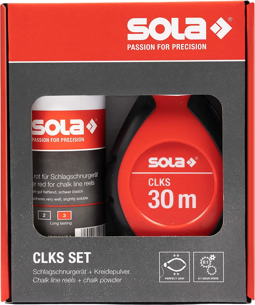 Cordeau à tracer pour maçonnerie Sola 30M avec poudre de craie rouge