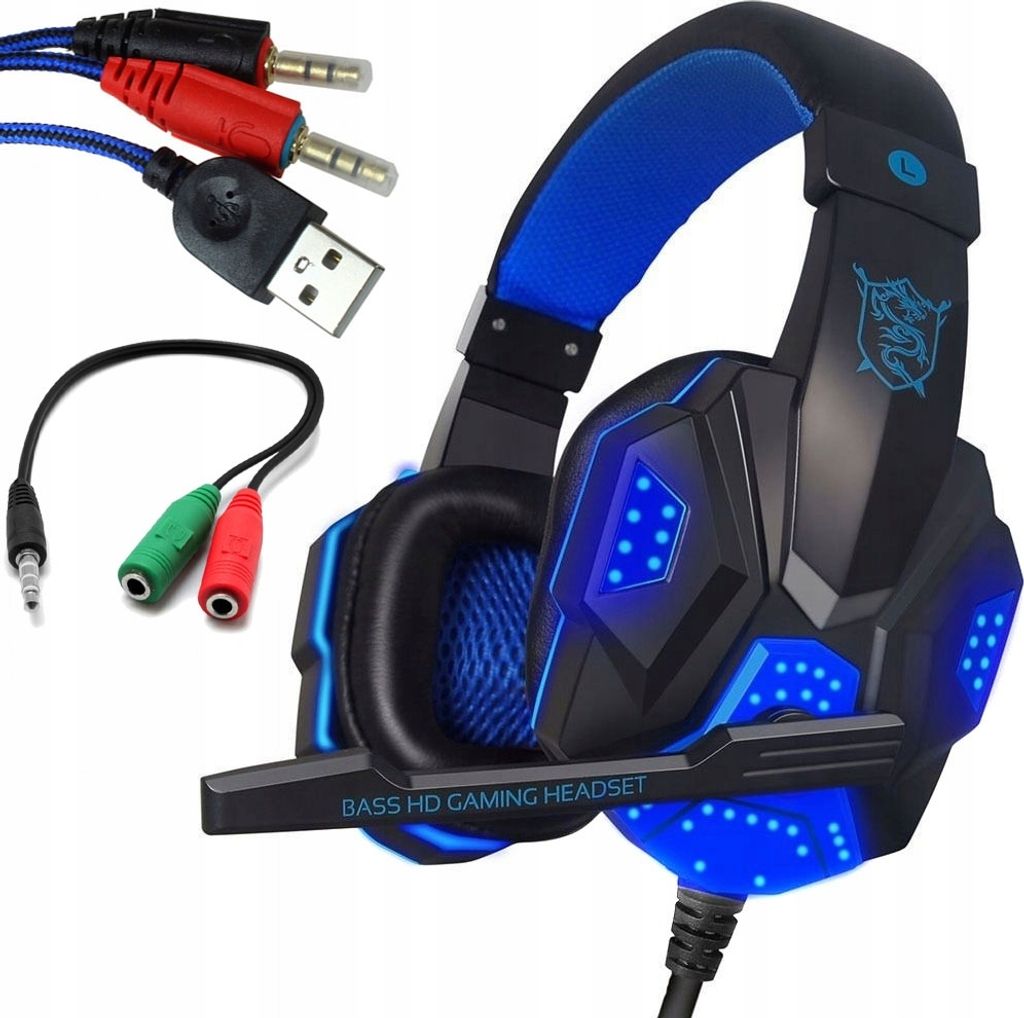 A gaming headset with blue LED lights and its various connection cables.
