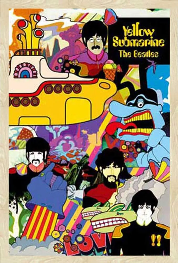 Déco Murale Beatles Yellow Submarine Affiche Encadrée Chêne 61x91,5 cm