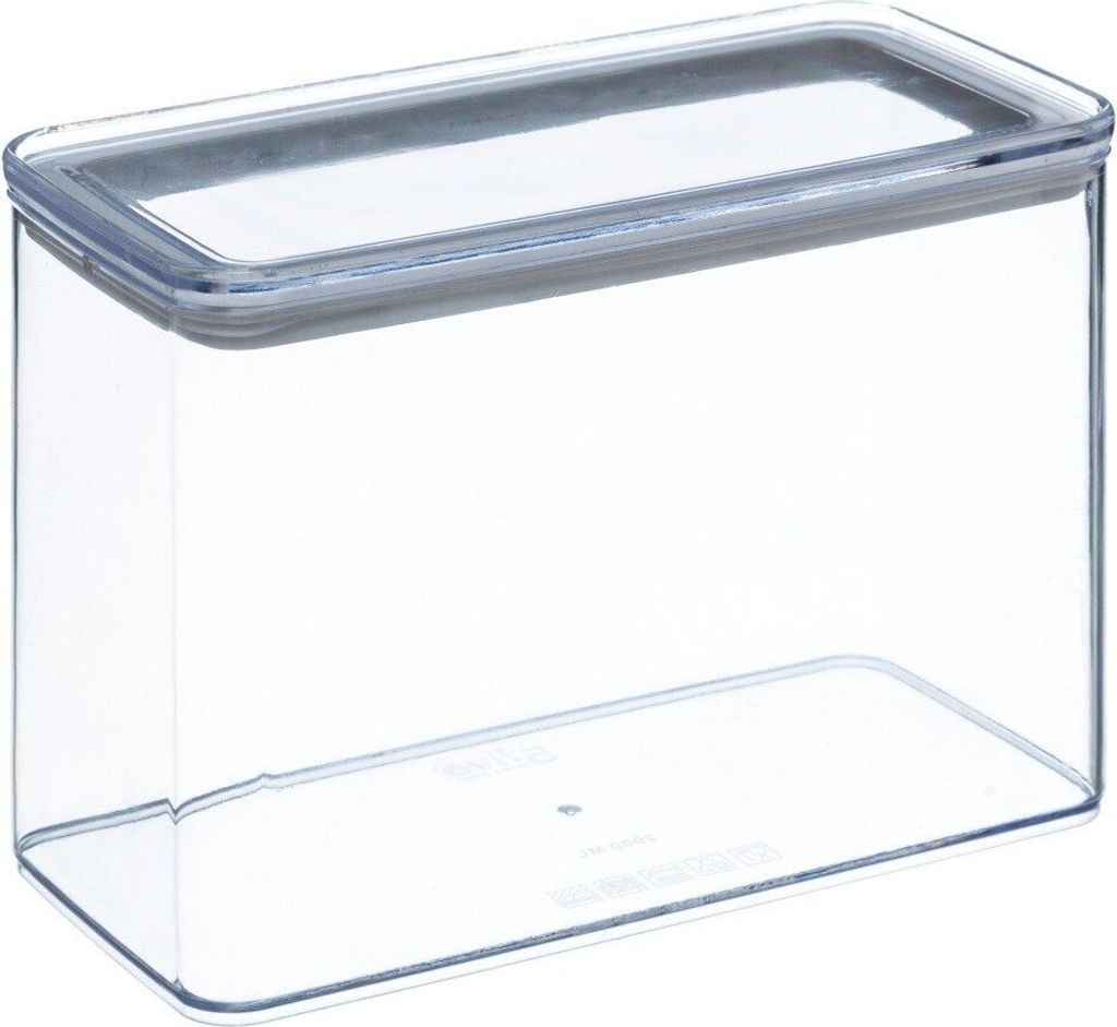 A clear plastic food storage container with a gray lid.