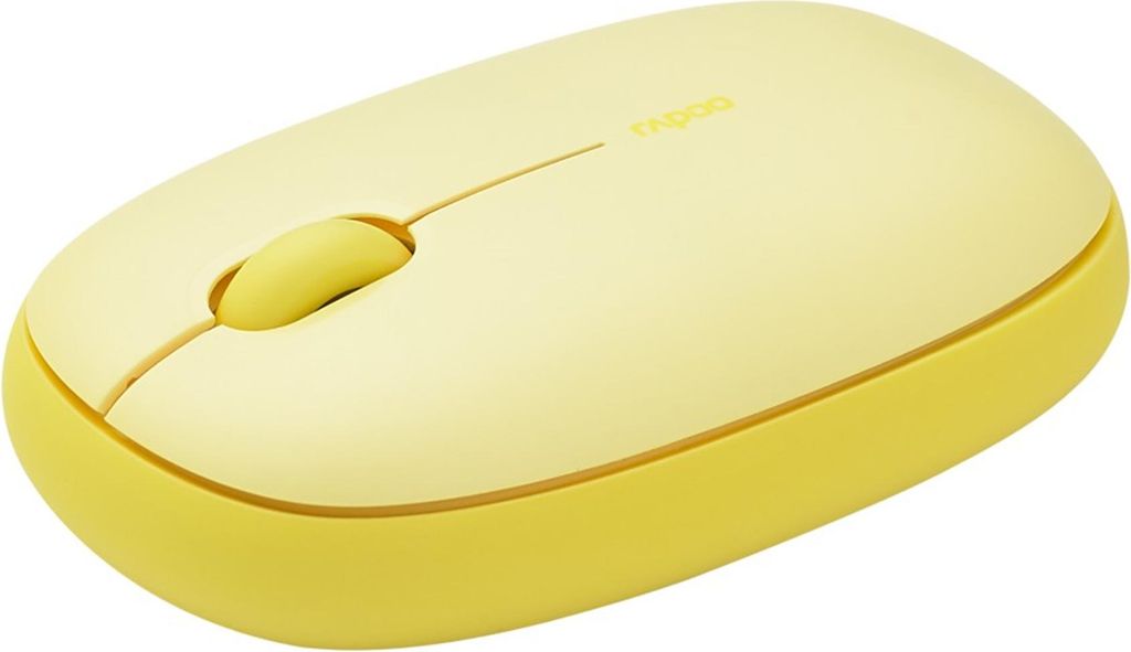 A yellow wireless computer mouse is shown against a white background.