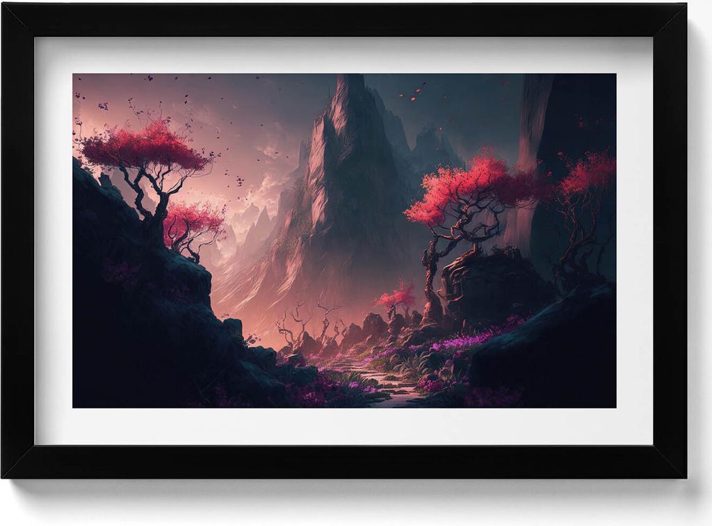 Magischer Wald und Berge– Wandbild mit Rahmen – Gerahmtes Bild – Wanddekoration – 30x20 cm – Schwarz Rahmen