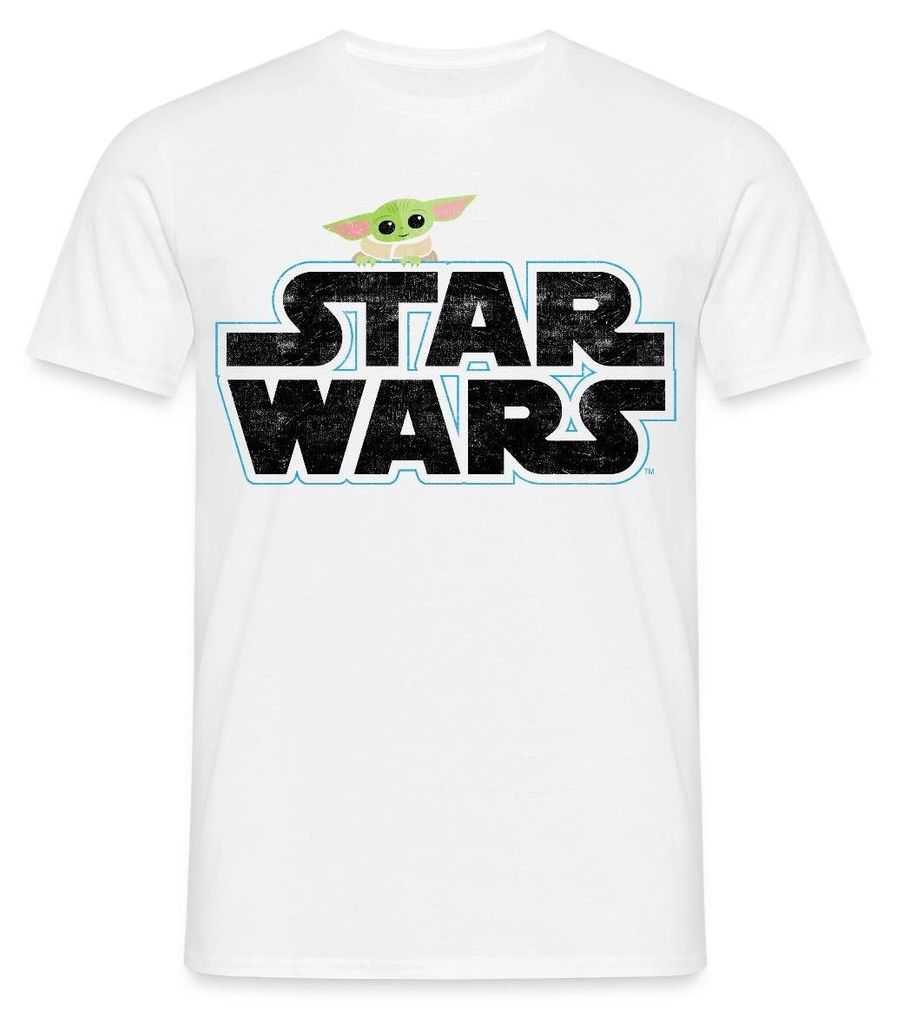 Star Wars: Mandalorian Schriftzug Mit Grogu Männer T-Shirt, S, Weiß