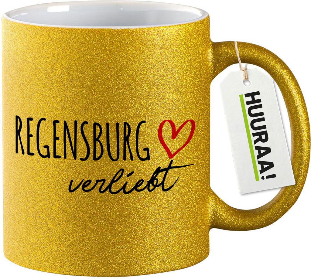 Huuraa Glitzertasse Regensburg verliebt 330ml Gold Keramik Kaffeebecher Geschenkidee