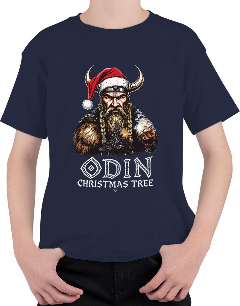 ODIN CHRISTMAS TREE Wikinger nordisch Weihnachten Geschenk Bart Uni Kinder T-Shirt, Navy, 104
