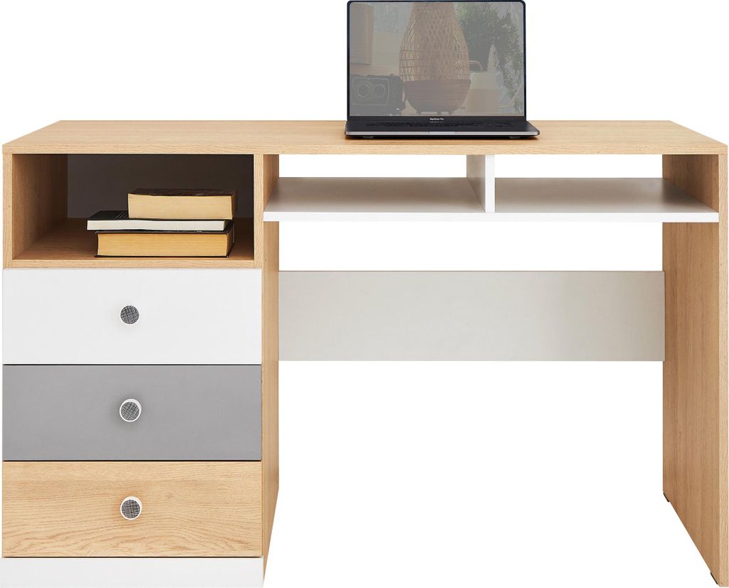 MIRJAN24 Schreibtisch Pixel PX8, Stilvoll Kinderzimmer Computertisch mit 3-Schubladen und Regal (Farbe: Biskuit Eiche / Biskuit Eiche + Weiß Lux +...