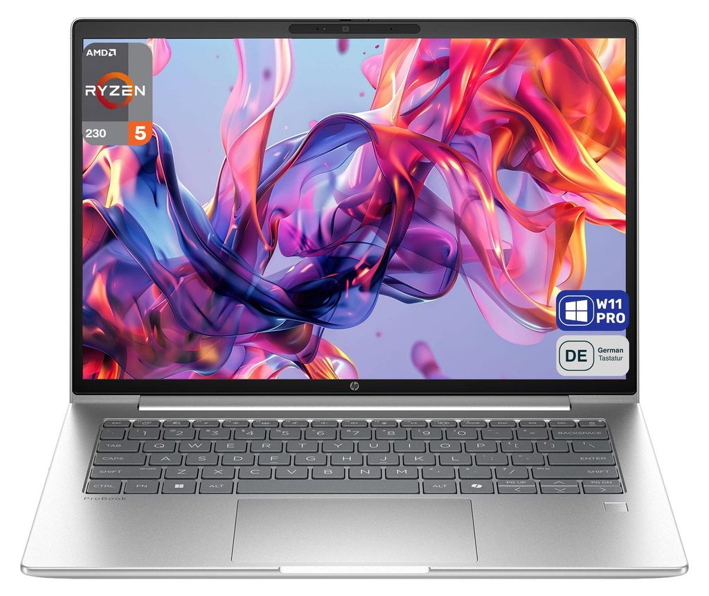 HP ProBook 4 G1a 14 Business Laptop, AMD Ryzen 5 230, 14" WUXGA IPS (1920x1200),Radeon 760M, Fingerprint, Deutsches Tastaturlayout, Silber, 64 GB R...