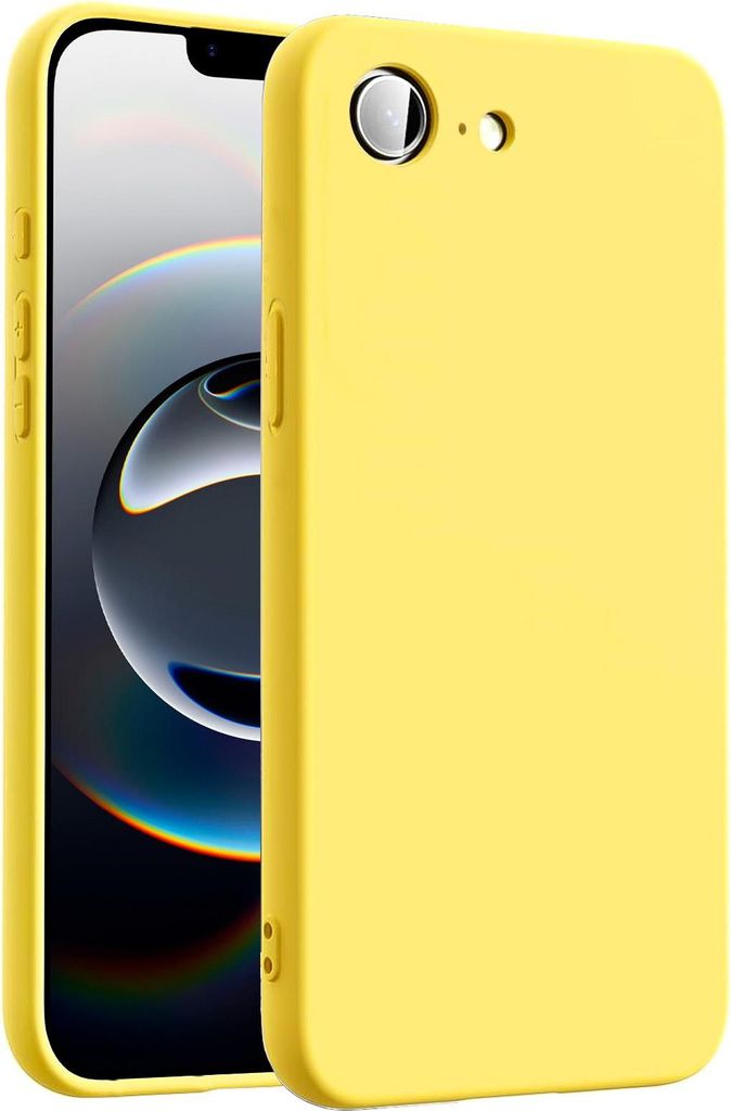 A yellow phone case is shown next to an iPhone.
