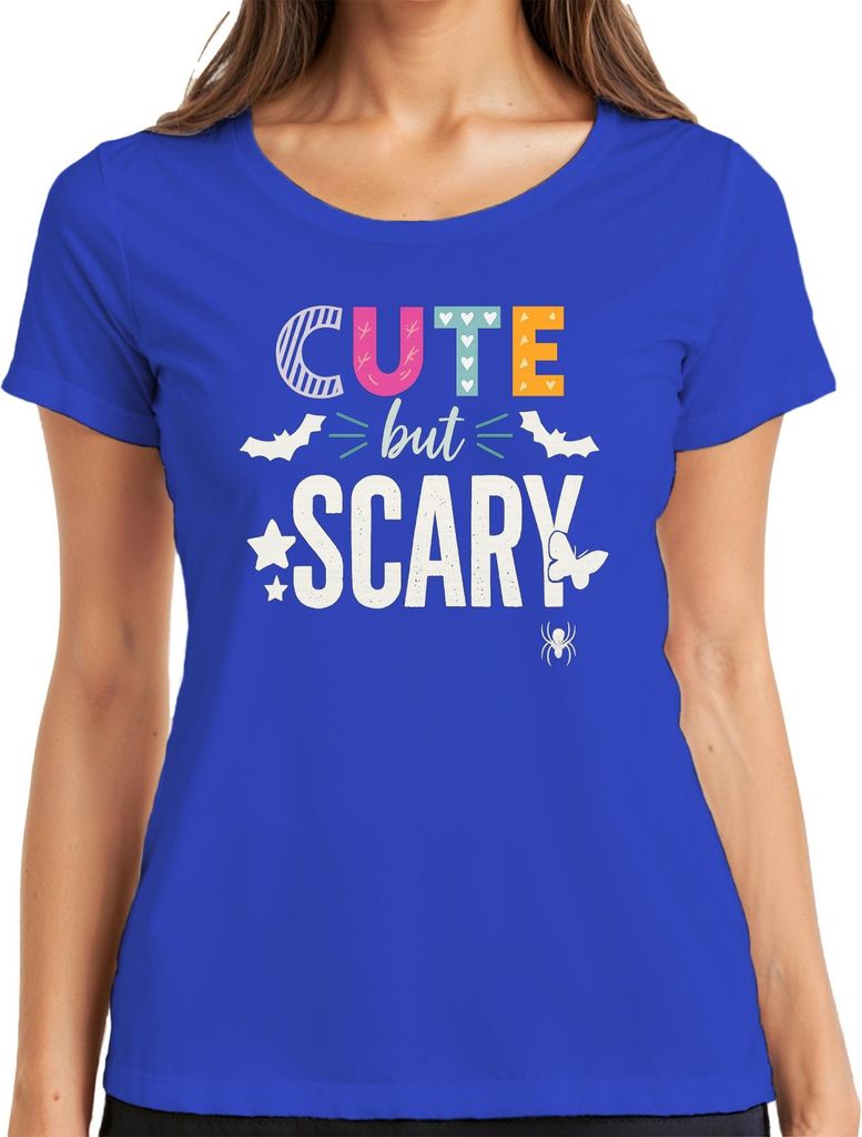 Cute but Scary Halloween Süß gruselig Mädchen Fledermaus Spinne Damen T-Shirt, Blau, S