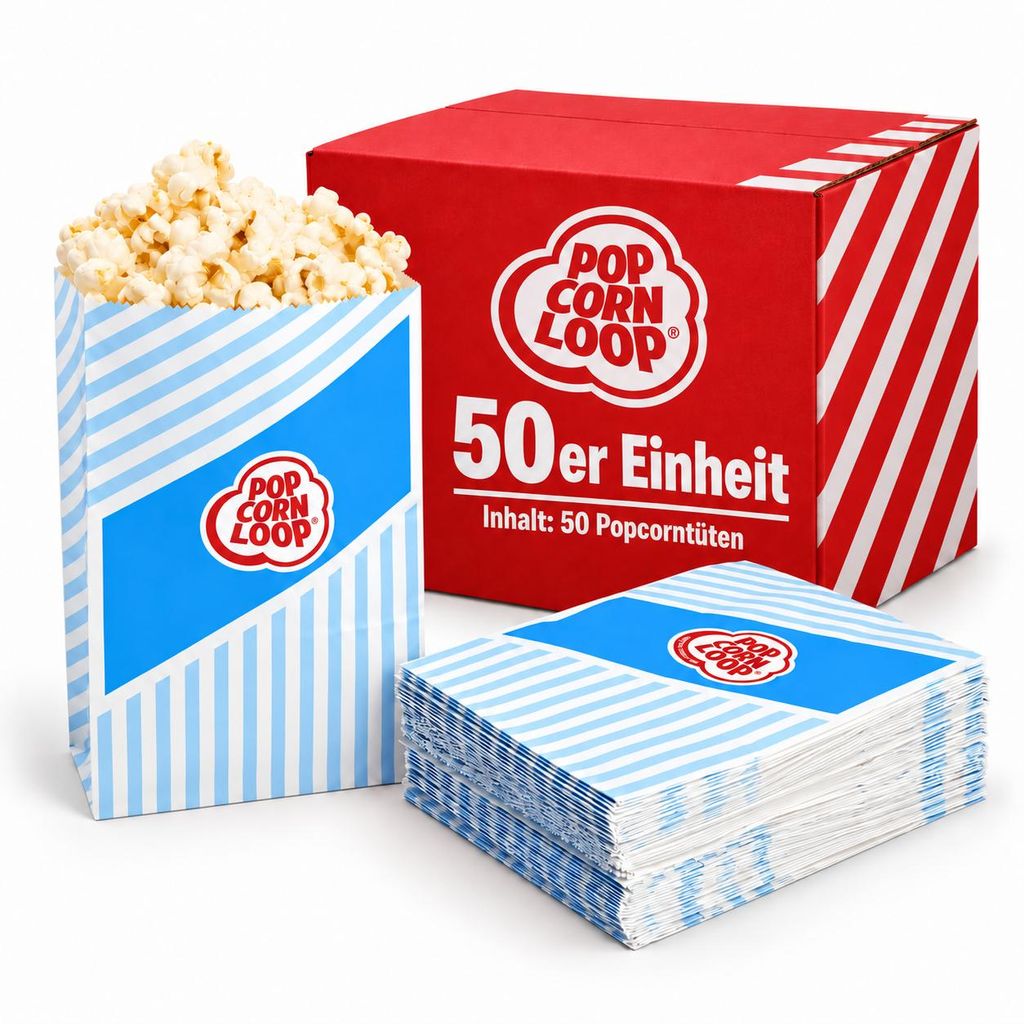 Popcornloop ® Blaue Popcorntüten 50 Stück Popcorn Box Tüten Produktbild 
