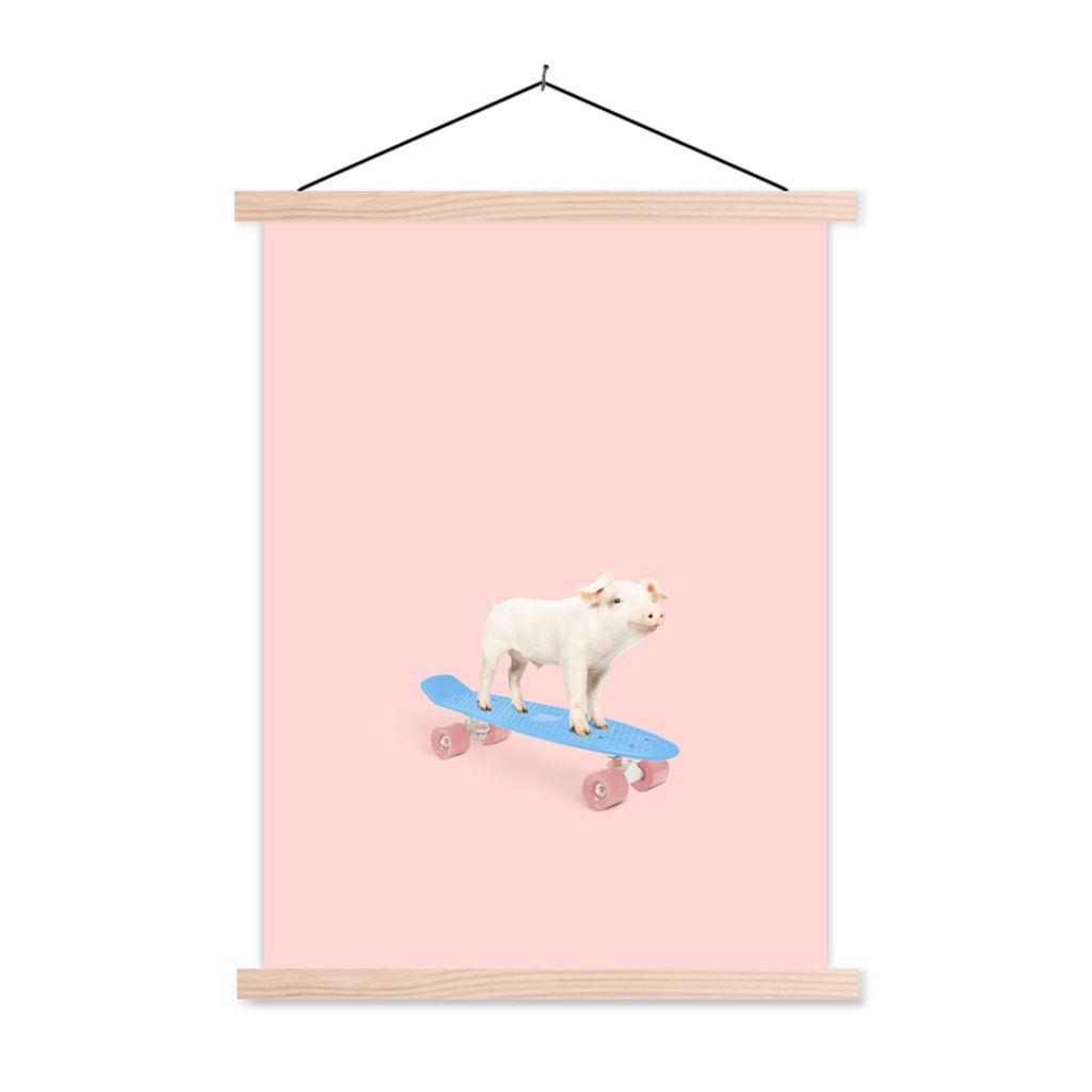 MuchoWow® Textilposter Schwein - Rosa - Skateboard - Blau - Produktbild 