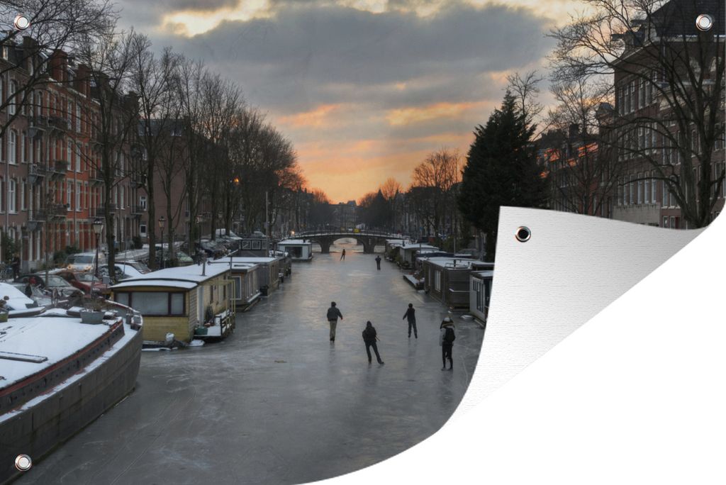 MuchoWow 90x60 cm Outdoor-Poster Gartendeko Sichtschutz Garten Poster für den Garten Amsterdam - Schlittschuhlaufen - Winter