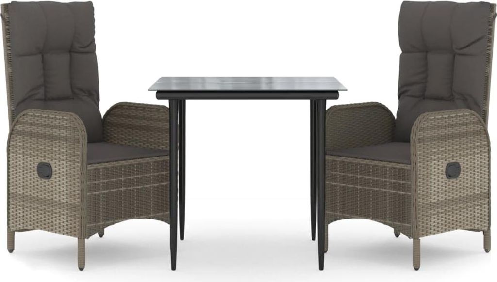 vidaXL 3-tlg. Garten-Essgruppe mit Kissen Schwarz und Grau Poly Rattan