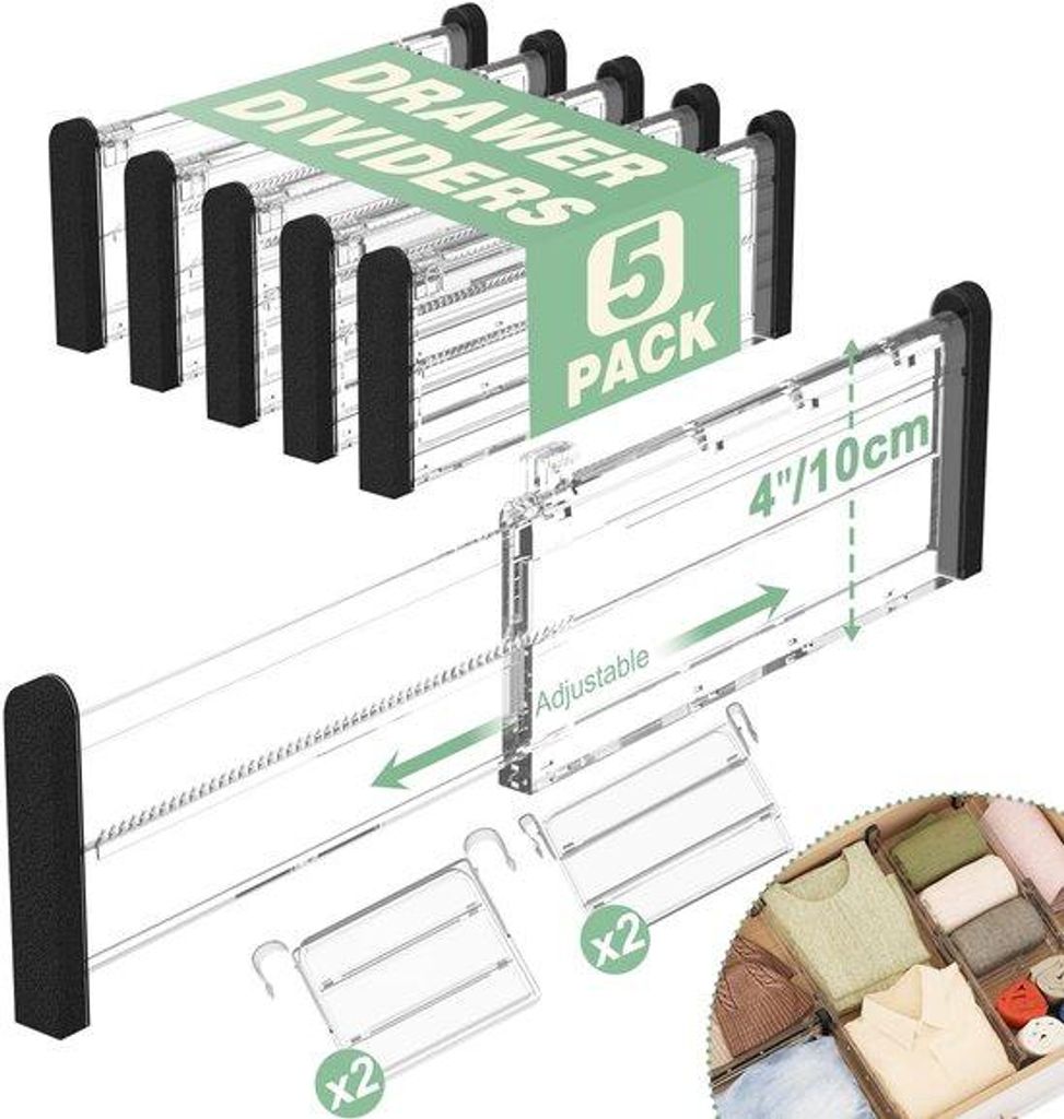 Verstelbare ladeorganizer-sets, 10 cm uitbreidbare lade-verdelers, 5-teilig, 32-58 cm lange, 9-18 cm inzetstukken, für Küche, Schlafzimmer und Büro