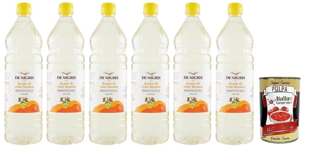6x De Nigris Aceto di Vino Bianco,Weißweinessig,Säure 6%,PET-Flasche 1Lt + Italian Gourmet Polpa di Pomodoro 400g Dose