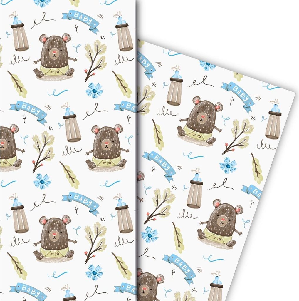 Niedliches Baby Geschenkpapier mit Bärchen und Fläschchen, hellblau - G8082, 32 x 48cm