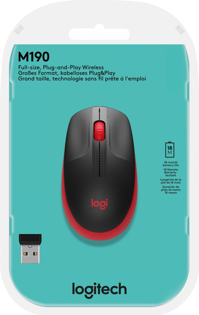 Logitech M190 Maus kabellos schwarz, rot Produktbild 
