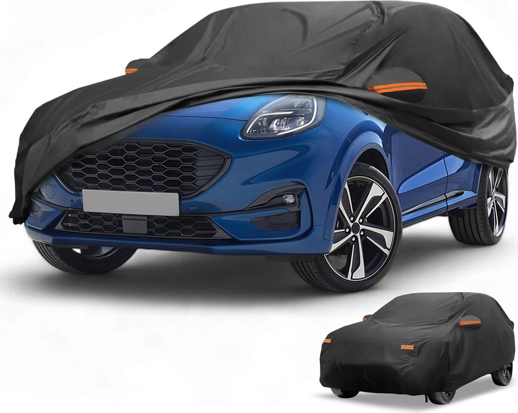 Autoabdeckung Wasserdicht Alle Wetter Sonnenregen Schutz Vollabdeckung fš¹r Ford Puma 2019-2023 Aluminiumfolie Schwarz mit Reflektierenden Streifen