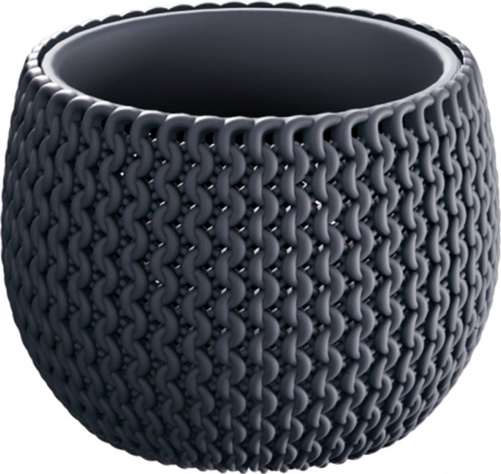 A dark gray planter with a knitted texture.