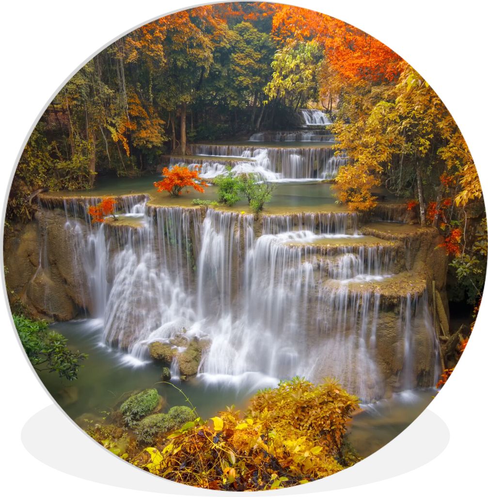 MuchoWow Rundes Wandbild - Runde Bilder Bäume - Wasserfall - Herbst Ø 30 cm Kreis Wanddekoration Kunststoff - Wandkreis - Wandschmuck - Schlafz...