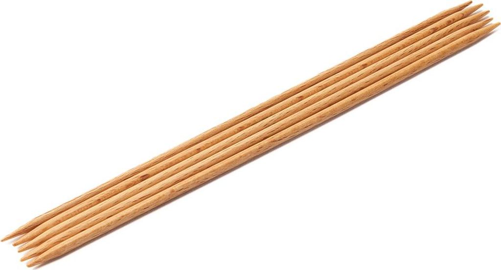 A set of wooden knitting needles arranged diagonally on a white background.