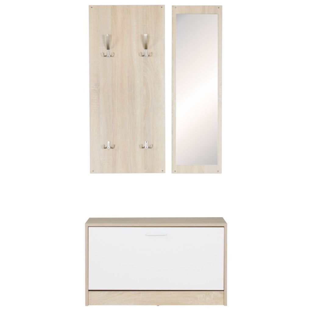 Wand-Garderobe SALERNO mit Spiegel & Schuhschrank Spanplatte sonoma, Moderne Flur-Kompaktgarderobe für Jacken & Schuhe, Komplettgarderobe