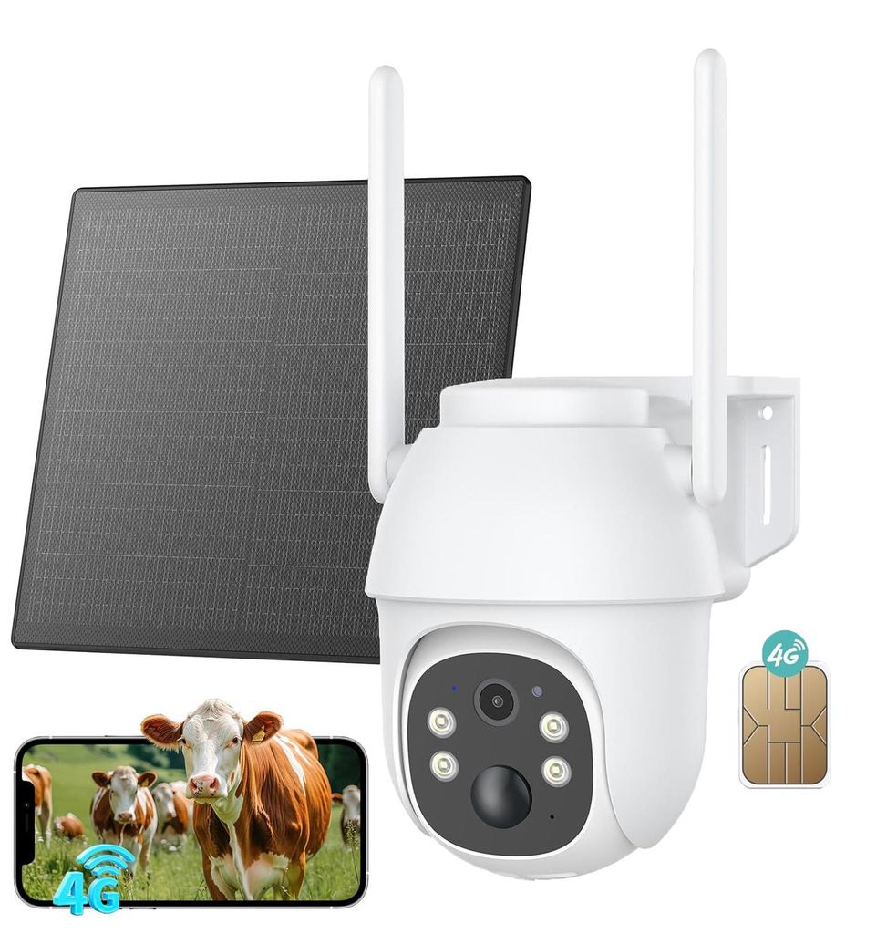 4G LTE Überwachungskamera Aussen Solar mit SIM Karte 2K HD 3MP PTZ Kabellos Kamera Ohne WLAN Outdoor Akku 355°/90° Schwenkbar Farb/IR Nachtsicht