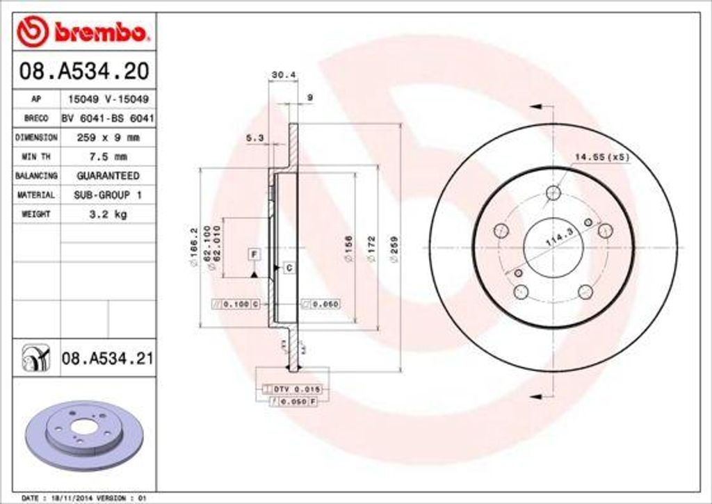 BREMBO 08.A534.21 Bremsscheibe OE 4243102190 kompatibel mit Corolla, Auris
