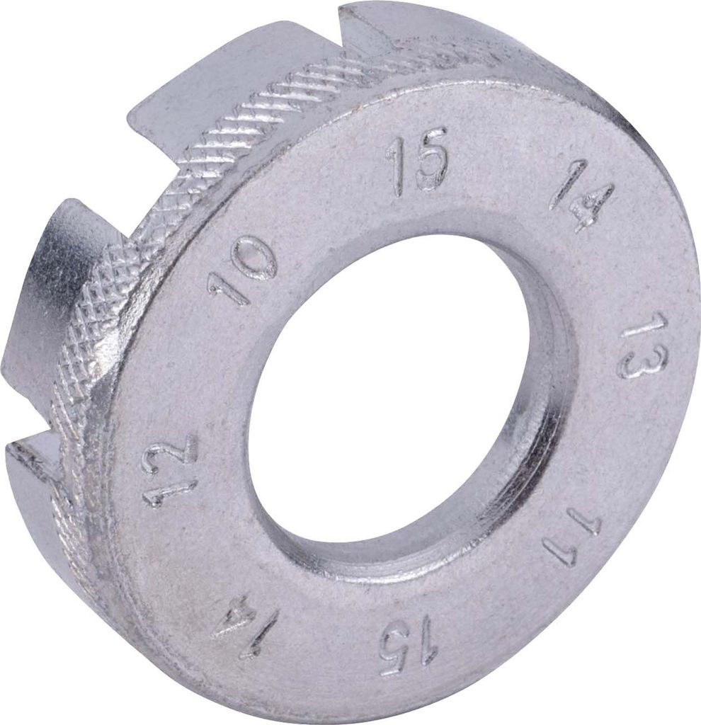 A close-up, studio shot of a silver bicycle spoke wrench with numbered slots.