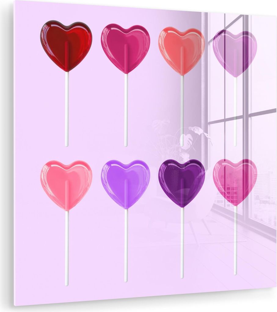 MuchoWow Glasbilder - Bilder auf Wandbild - Foto auf Glas Lutscher - Herz - Rosa - Bonbon 50x50 cm Wanddekoration aus Glas - Acrylglasbild - Acrylb...