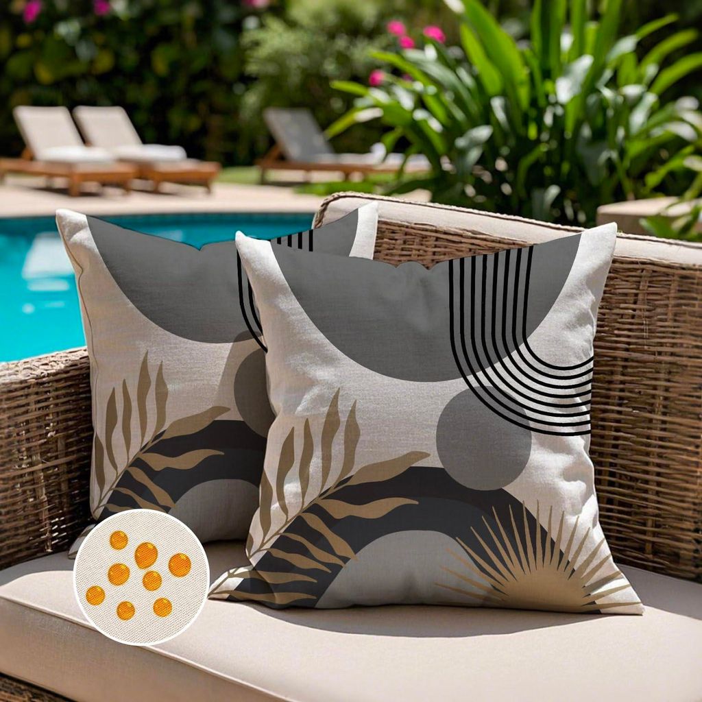 Set mit 2 Outdoor-Kissenbezügen 40x40 cm, wetterfest, grau, geeignet für Sofakissen, Boho, modern, minimalistisch, geometrisch, tropische Blätte...