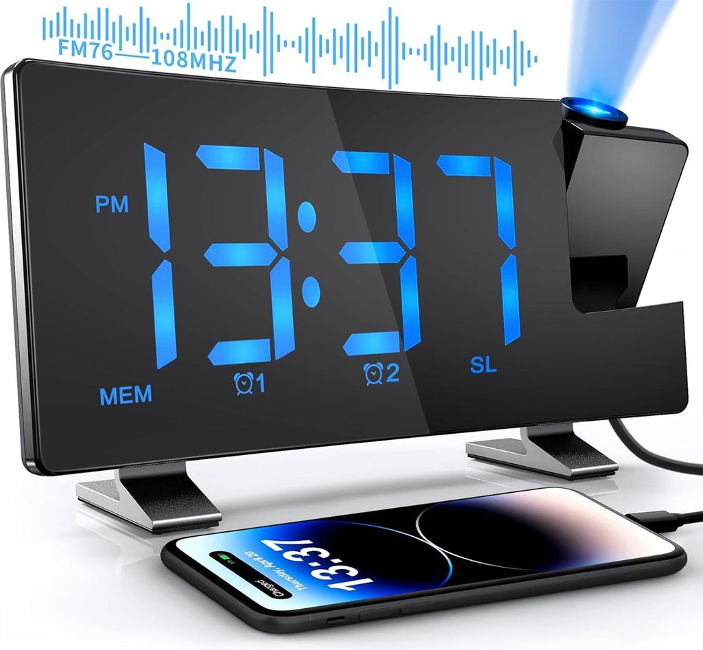 MODFU Projektionswecker,3 Projektionshelligkeit ,Led Digital Wecker mit Projektion 180 °,Radiowecker mit USB-Anschluss LED-Anzeige Snooze Dual-Alarm