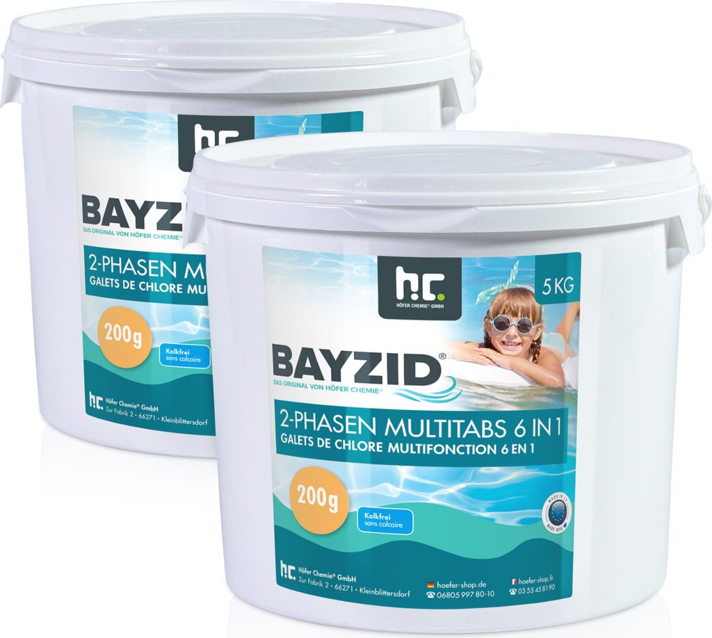 Two buckets of pool chlorine tablets are shown, with one in the foreground and another slightly behind it.