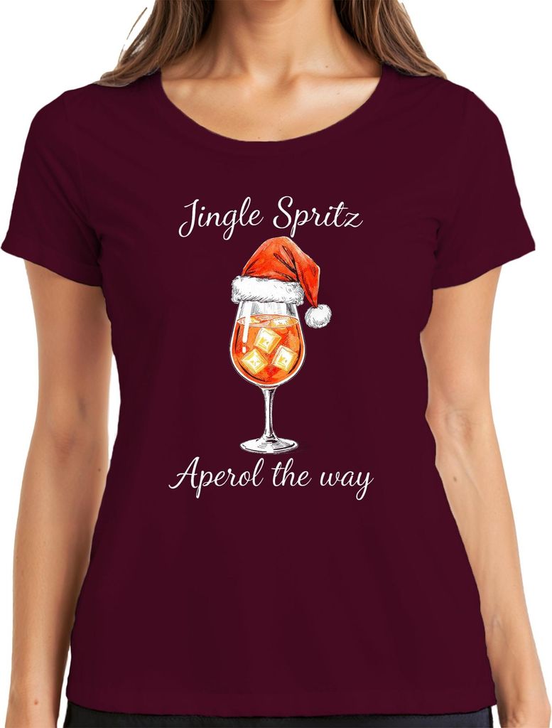 Jingle Spritz Aperol the way Weihnachten Cocktail Geschenkidee Damen T-Shirt, Burgundy, M