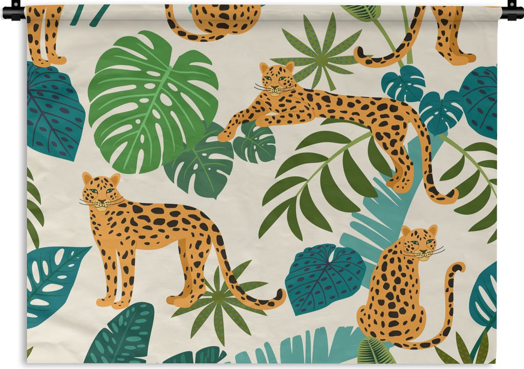 MuchoWow Wandteppich Wandbehang Leopard - Blätter - Muster 90x67.5 cm Tapisserie Dekoration Wandtuch - Fototeppich - Wand-Skulpturen