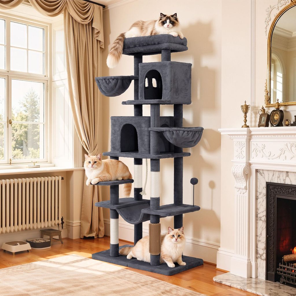 Kratzbaum für große Katzen, Kratzbrett, Katzenbürste, große Plattformen, Plüschkissen, Höhle, 78 x 46 x 176 cm, Dunkelgrau