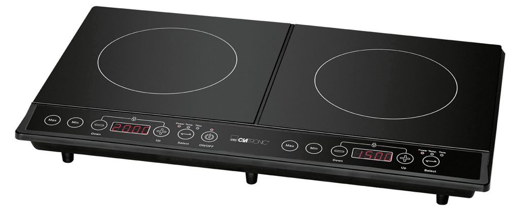 A black induction cooktop with two burners is shown from a slightly elevated front angle against a black background.