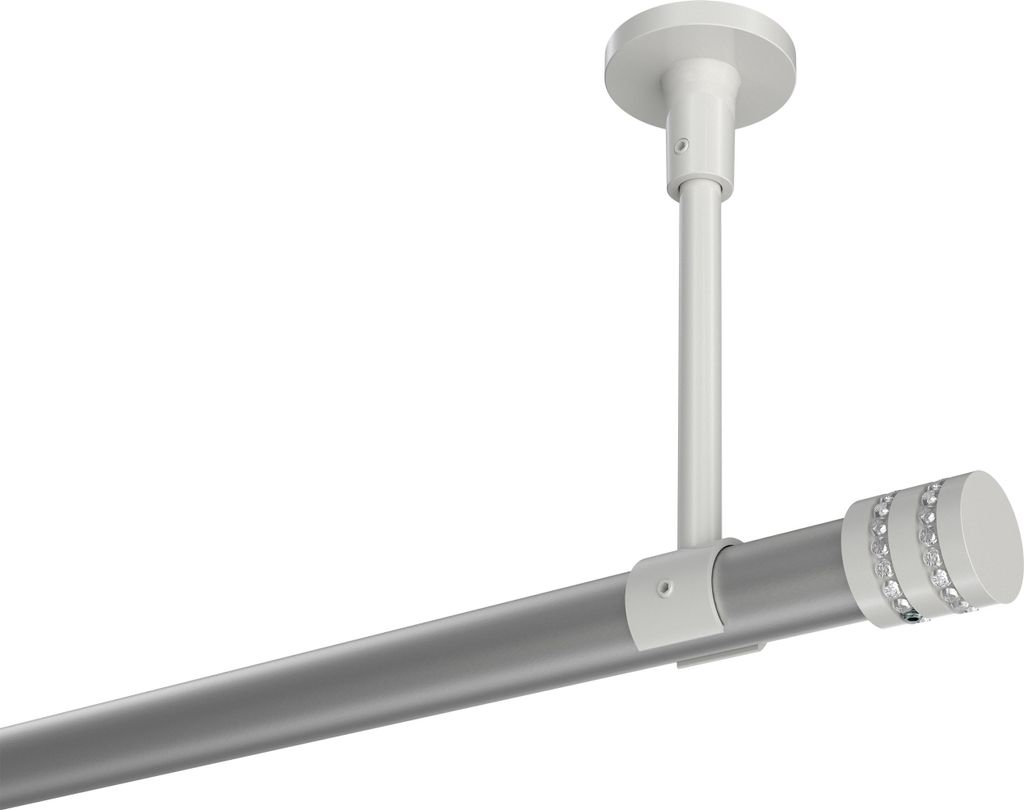 Interdeco Gardinenstange / Vorhangstange Silbergrau / Weiß, Typ Sonette Estana (Glitzerkappe) ohne Ringe, Deckenmontage, 20 mm Ø 1-läufig, 320 cm