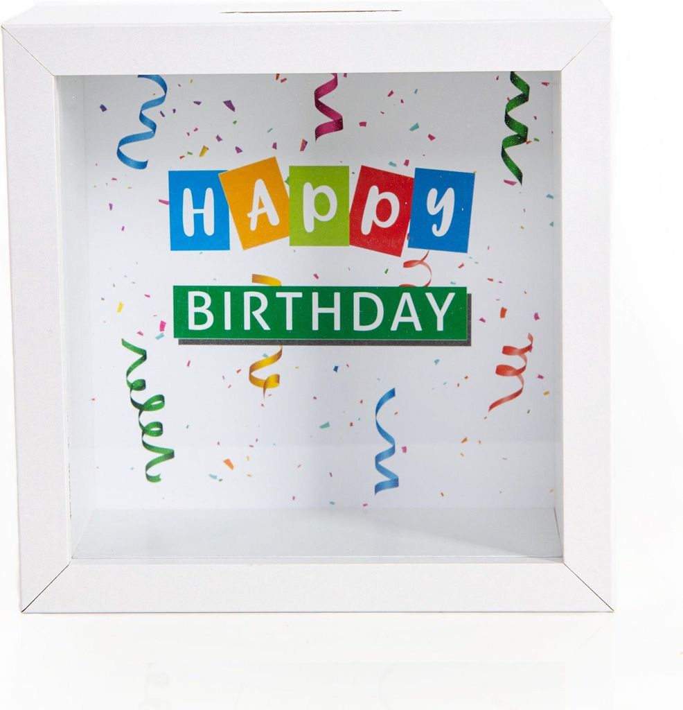 Sparbüchse Bilderrahmen Happy Birthday weiß bunt 14 x 14 cm