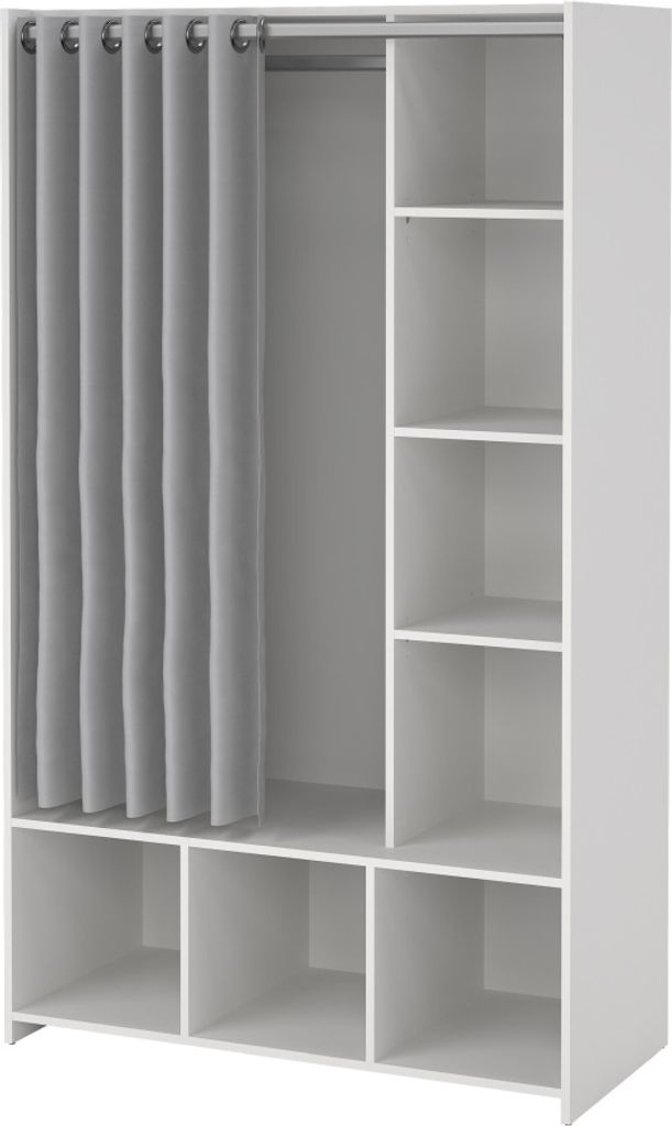 A white wardrobe with a light gray curtain and multiple shelves.