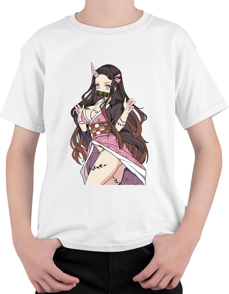 Nezuko Dämonin Bambusknebel Anime Cosplay Geschenk Manga süß Uni Kinder T-Shirt, Weiß, 128
