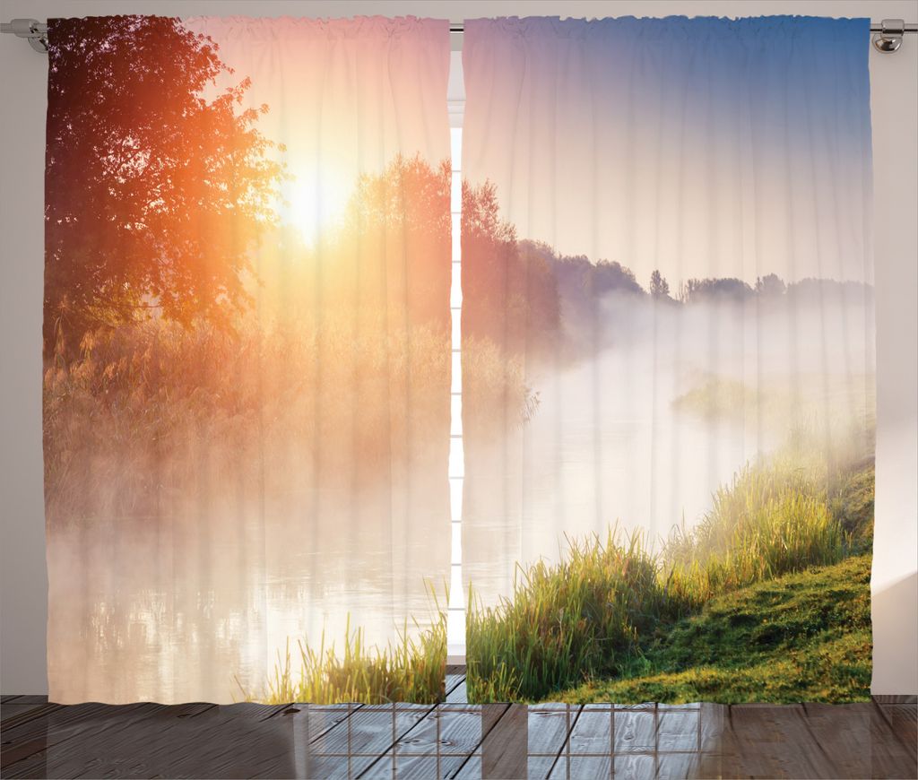 ABAKUHAUS Natur Rustikaler Vorhang, Sunbeams Foggy Mountain, Wohnzimmer Universalband Gardinen mit Schlaufen und Haken, 280 x 245 cm, Mehrfarbig