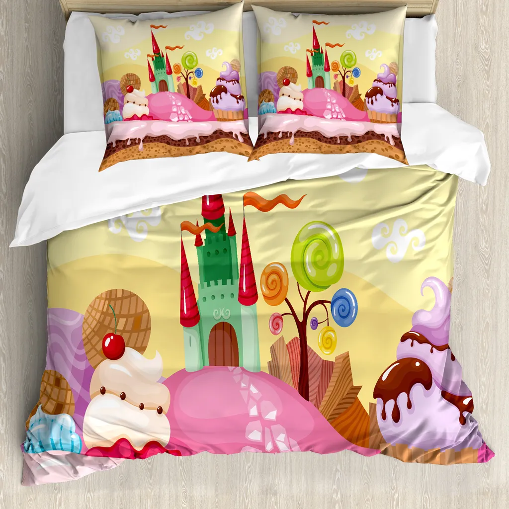 Linge de lit enfant paysage de château pour chambre rose et sable