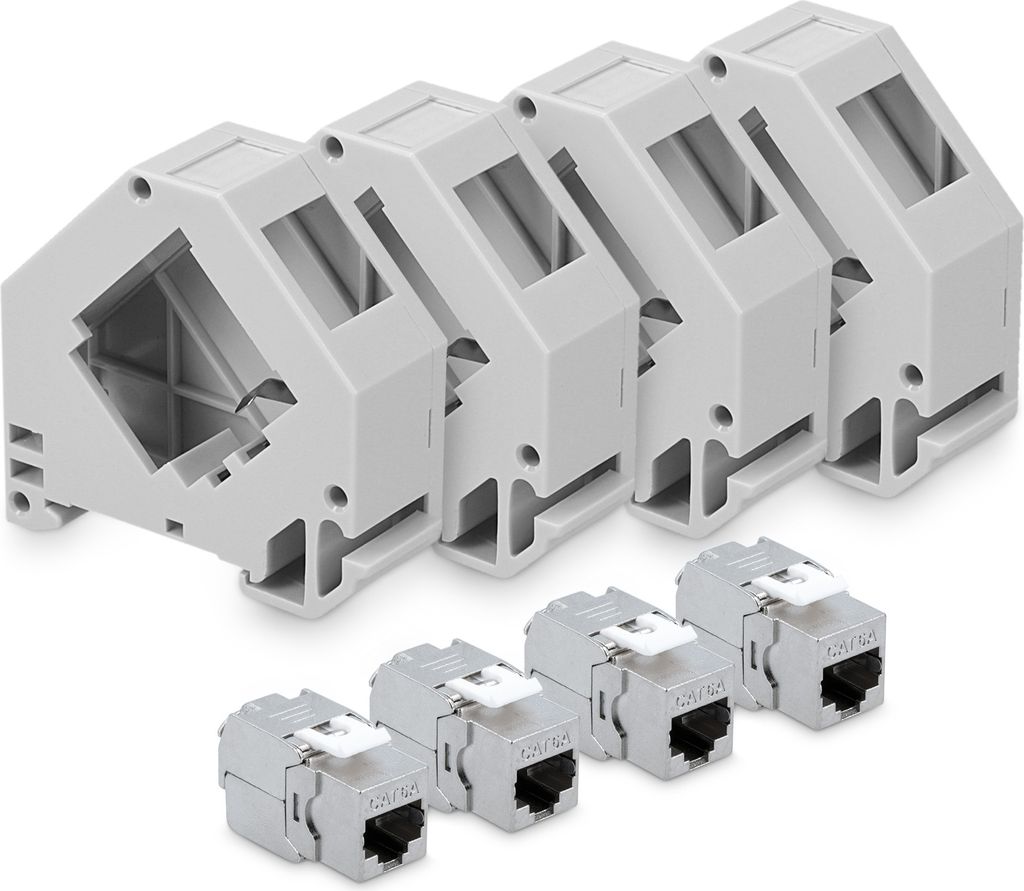 kwmobile Keystone Modul und Hutschienenadapter Set - passt auf genormte Hutschiene - 4x CAT 6A Module 4x Halter - RJ45 Buchse geschirmt - werkzeuglos
