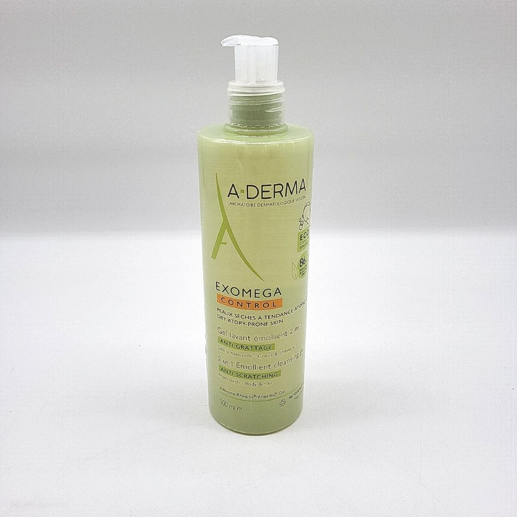 A bottle of A-derma EXOMEGA CONTROL 2in1 emollient gel on a white background.