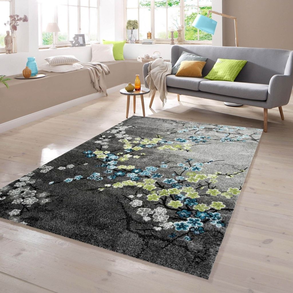 Designer Teppich mit Blumenmotiv Grau Türkis Grün Größe - 120 x 170 cm